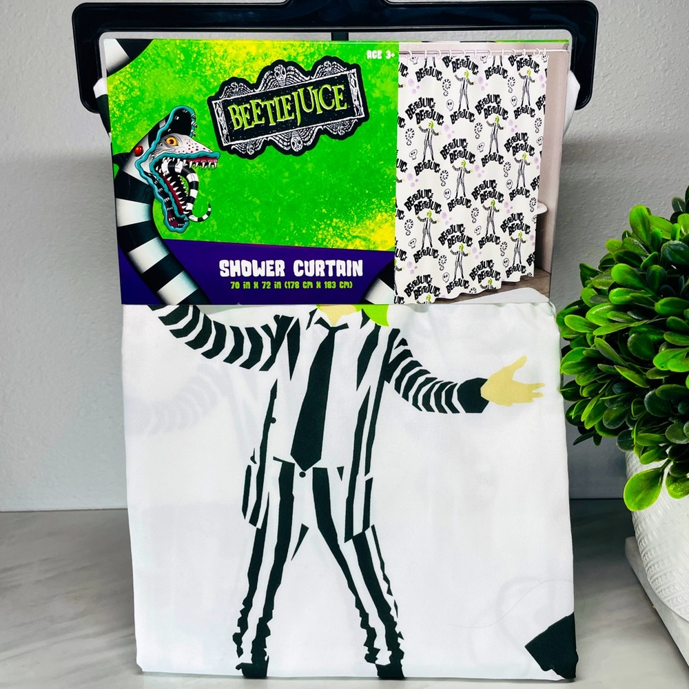 NEW Beetlejuice Shower Curtain White Striped Suit Sandworm Graphic 70 x 72